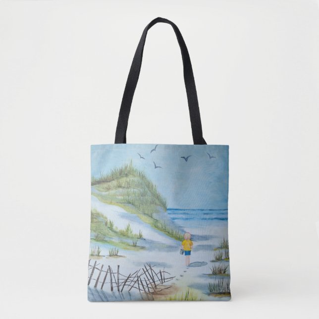 watercolor painting of child on beach tote bag (Front)