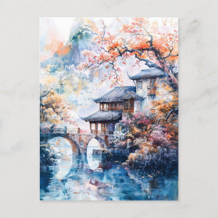 Watercolor painting of china temple and water postcard