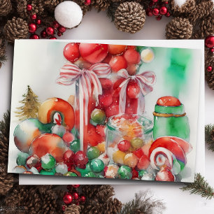 Watercolor Painting of Christmas Candy Holiday Card