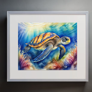 Watercolor Painting of Colorful Sea Turtle 3:2 Poster