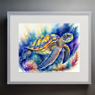 Watercolor Painting of Colorful Sea Turtle 3:2 Poster