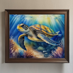 Watercolor Painting of Colorful Sea Turtle 5:4 Poster