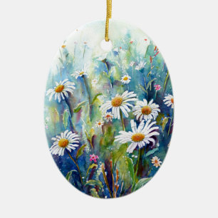 Watercolor painting of daisy field ceramic tree decoration