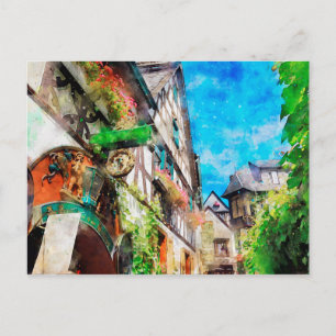 Watercolor painting of Drosselgasse Ruedesheim Postcard