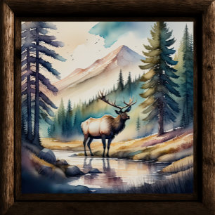 Watercolor Painting of Elk in Forest 1:1 Poster