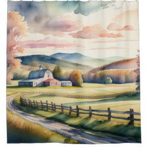 Watercolor Painting of Farm Barn Shower Curtain