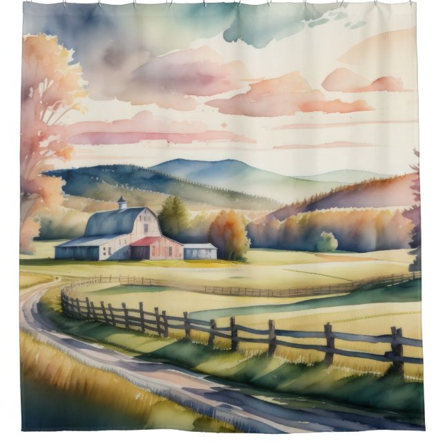 Watercolor Painting of Farm Barn Shower Curtain (Front)