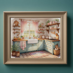 Watercolor Painting of Farmhouse Kitchen Poster