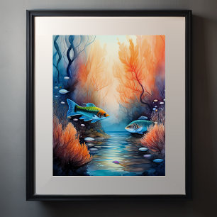 Watercolor Painting of Fish Plants Poster