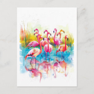 Watercolor painting of flamingos in a pond holiday postcard