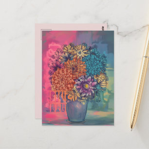 watercolor painting of flowers on a vase postcard
