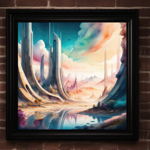 Watercolor Painting of Futuristic City Poster
