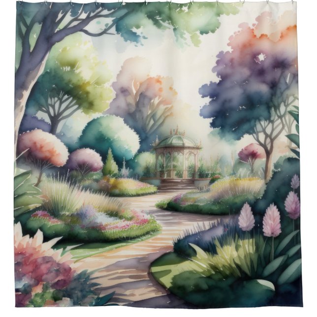 Watercolor Painting of Garden Landscape Shower Curtain (Front)