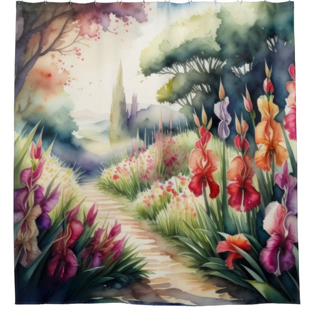 Watercolor Painting of Gladiolus Landscape Shower Curtain (Front)