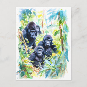 Watercolor painting of gorilla family in jungle holiday postcard