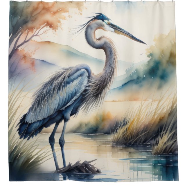 Watercolor Painting of Great Blue Heron Shower Curtain (Front)