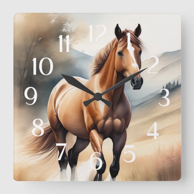Watercolor Painting of Horse Square Wall Clock (Front)