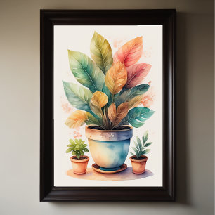 Watercolor Painting of House Plant in Pot Poster