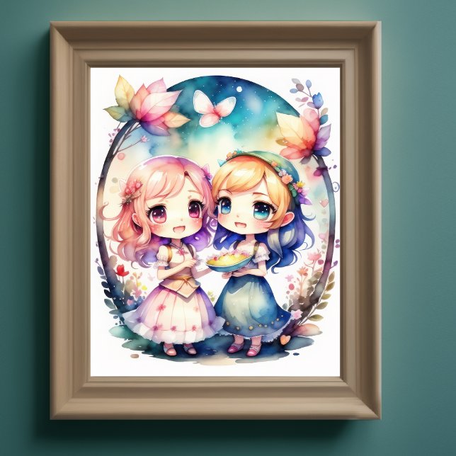 Watercolor Painting of Kawaii Chibi 2 Female IV Poster (Creator Uploaded)