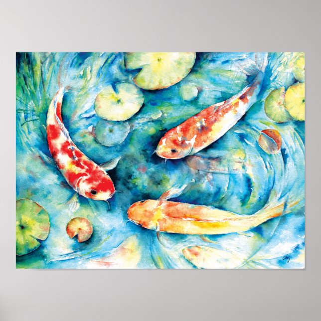 Watercolor Painting of Koi in Lily Pond Poster (Front)