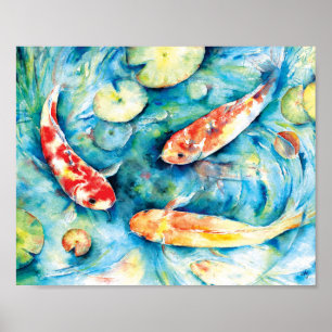 Watercolor Painting of Koi in Lily Pond Poster