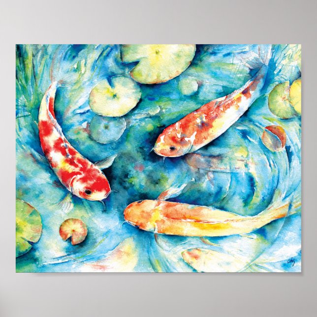 Watercolor Painting of Koi in Lily Pond Poster (Front)