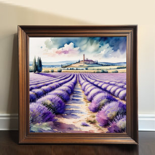 Watercolor Painting of Lavender Fields Landscape Poster