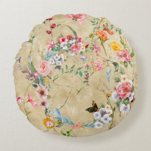 Watercolor painting of leaf and flowers, seamless round cushion