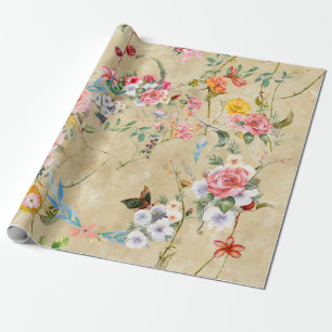 Watercolor painting of leaf and flowers, seamless wrapping paper
