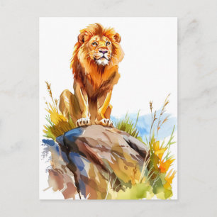 Watercolor painting of lion sitting on a rock holiday postcard