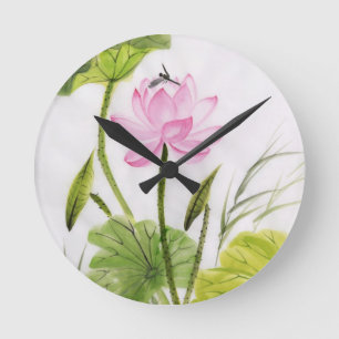 Watercolor Painting Of Lotus Flower 2 Round Clock