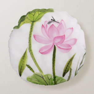 Watercolor Painting Of Lotus Flower 2 Round Cushion