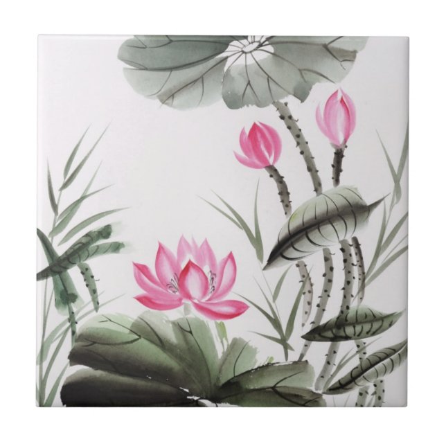 Watercolor Painting Of Lotus Flower Tile (Front)