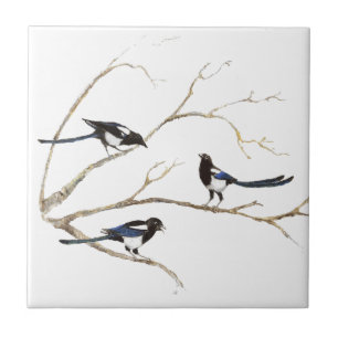 Watercolor Painting of Magpie Bird Family Tile