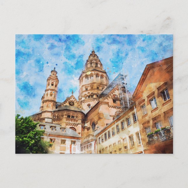 Watercolor painting of Mainz Cathedral in Germany. Postcard (Front)