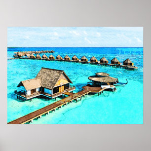 Watercolor Painting of Maldives Resort Poster