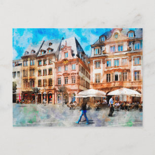 Watercolor painting of Market squard in Mainz. Postcard