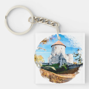 Watercolor painting of medieval castle in autumn key ring