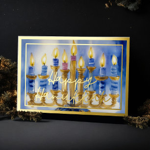 Watercolor Painting of Menorah Blue White Candles Foil Holiday Card