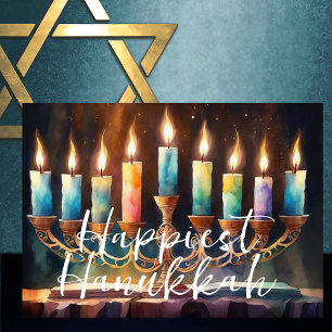 Watercolor Painting of Menorah Colourful Candles Card