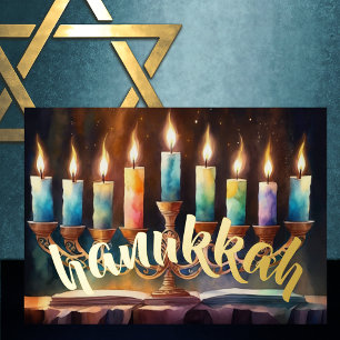 Watercolor Painting of Menorah Colourful Candles Foil Holiday Card