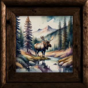 Watercolor Painting of Moose in Forest 1:1 Poster
