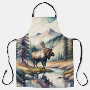 Watercolor Painting of Moose in Forest Apron