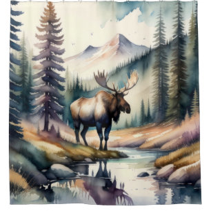 Watercolor Painting of Moose in Forest Shower Curtain