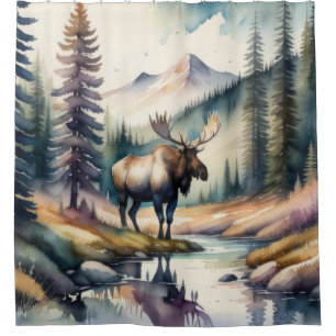Watercolor Painting of Moose in Forest Shower Curtain