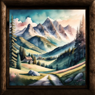 Watercolor Painting of Mountain Landscape Poster