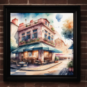 Watercolor Painting of Parisian Cafe Poster