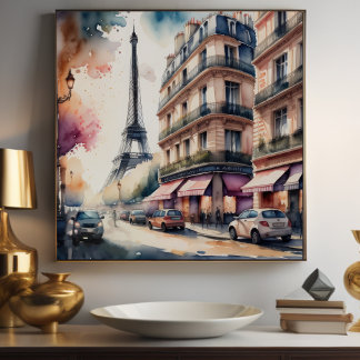 Watercolor Painting of Parisian Street Poster
