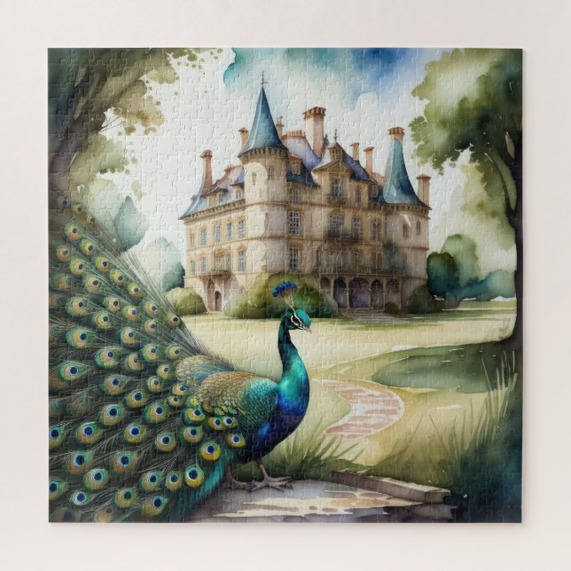 Watercolor Painting of Peacock and Chateau Jigsaw Puzzle (Vertical)