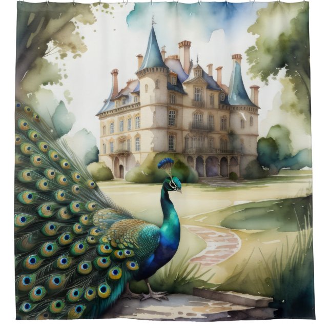 Watercolor Painting of Peacock and Chateau Shower Curtain (Front)